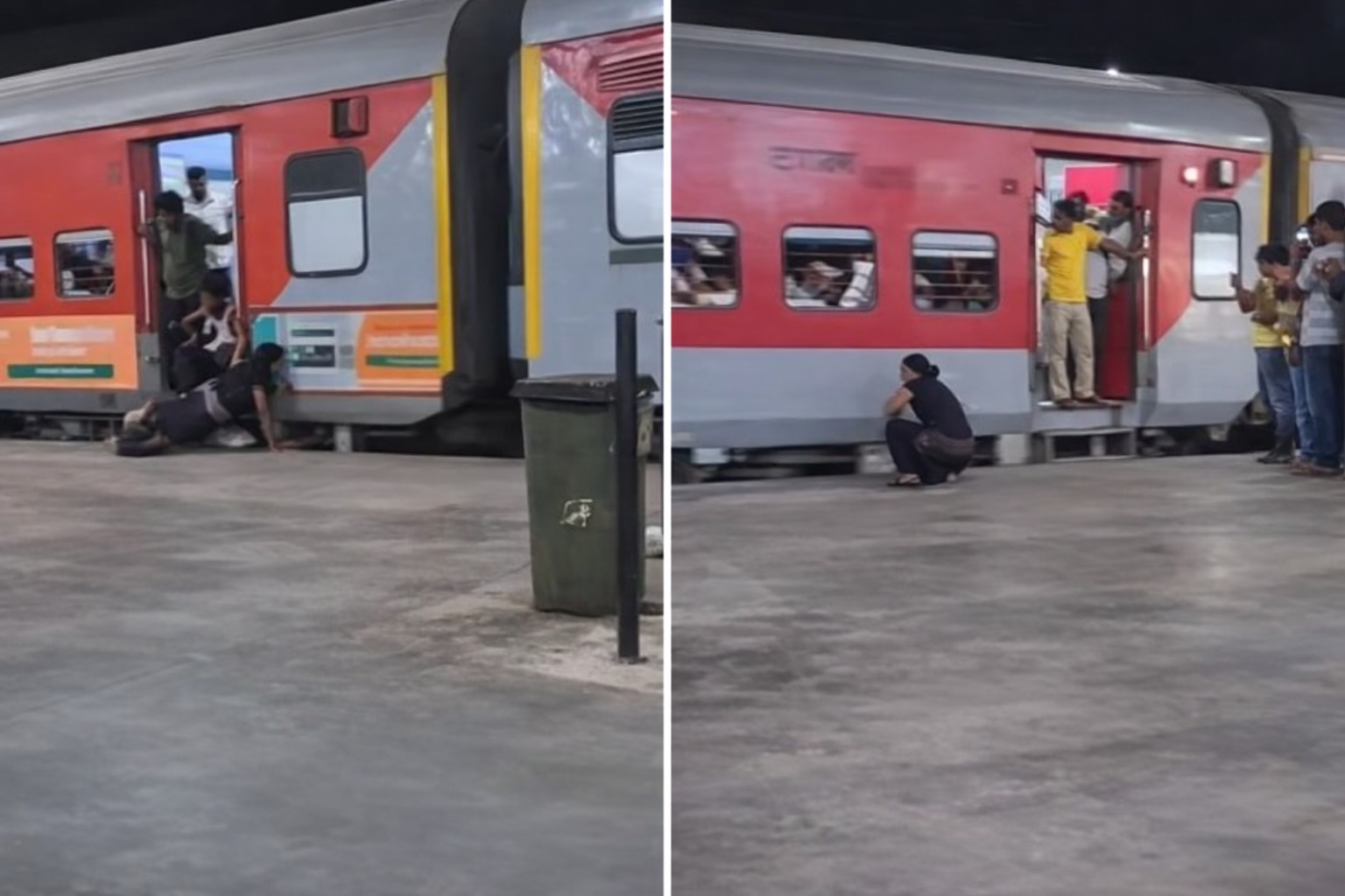 2 बार चलती ट्रेन को पकड़ने की कोशिश में गिरी महिला