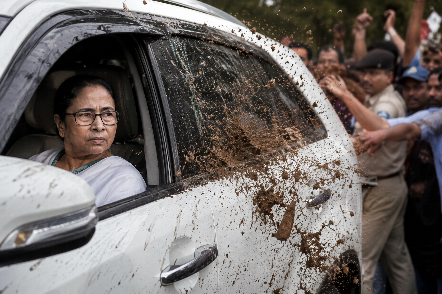 Mud Splattered Car in Crowd Chaos
